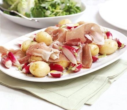 New potatoes with radishes & cured ham recipe