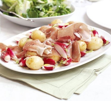 New potatoes with radishes & cured ham recipe 