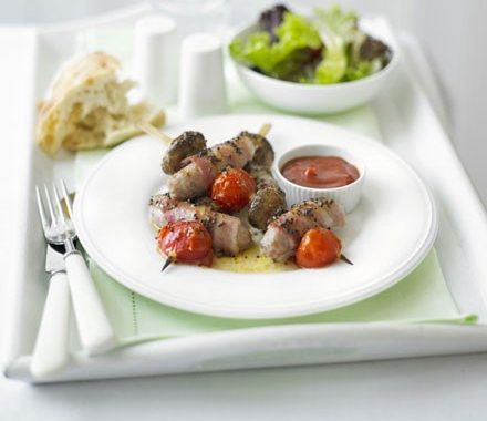 Sausage, bacon and mushroom skewers