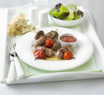 Sausage, bacon and mushroom skewers 