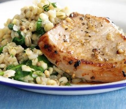 Grilled pork with lemon & thyme barley recipe