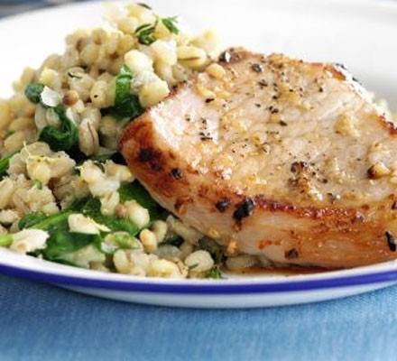 Grilled pork with lemon & thyme barley recipe 