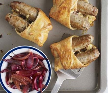 Hotdog pasties with sticky onions recipe