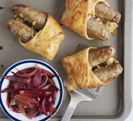 Hotdog pasties with sticky onions recipe 