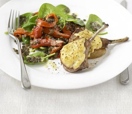 Hummus-crusted lamb with lentil salad recipe