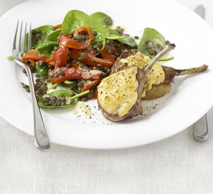 Hummus-crusted lamb with lentil salad recipe 