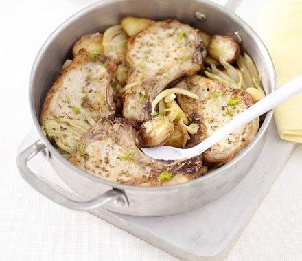 Baked fennel pork with lemony potatoes & onions recipe