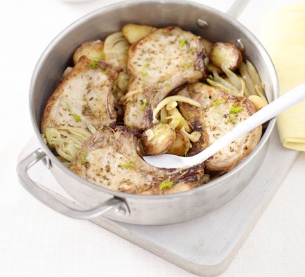 Baked fennel pork with lemony potatoes & onions recipe 