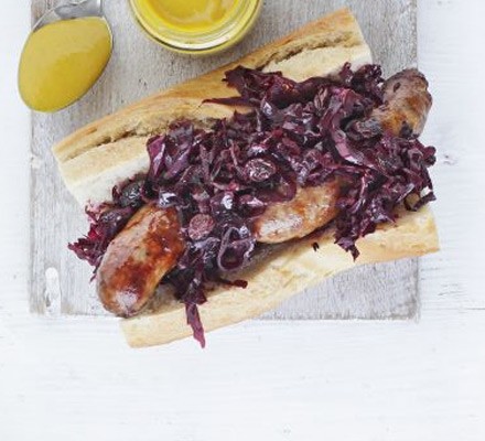Sausages with warm red cabbage & beetroot slaw recipe 