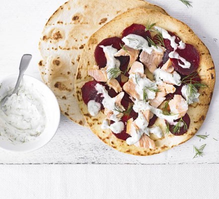 Smoked trout, beetroot & horseradish flatbread recipe 