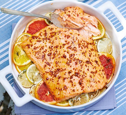 Sticky citrus & mustard glazed salmon recipe 