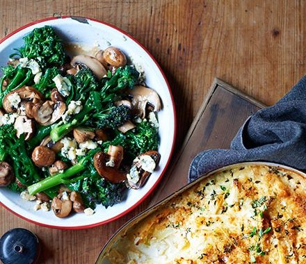 Sautéed sprouting broccoli with mushrooms & stilton recipe