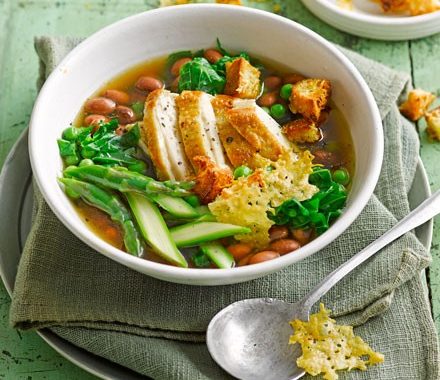 Spring vegetable broth with shredded chicken recipe