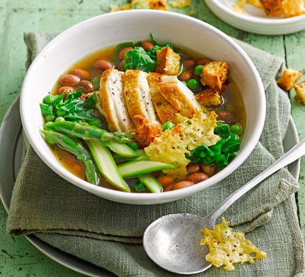 Spring vegetable broth with shredded chicken recipe 