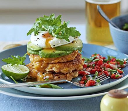 Sweetcorn cakes with poached eggs & salsa recipe