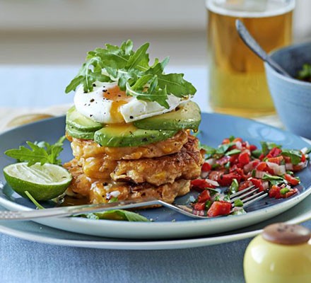 Sweetcorn cakes with poached eggs & salsa recipe 