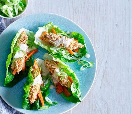 Harissa fish goujons in lettuce cups recipe