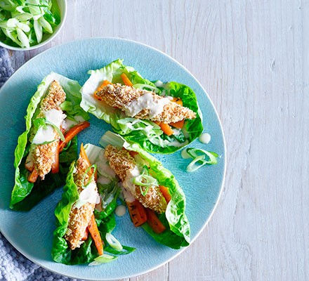 Harissa fish goujons in lettuce cups recipe 