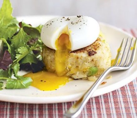 Spicy smoked fish cakes with herb salad & eggs recipe