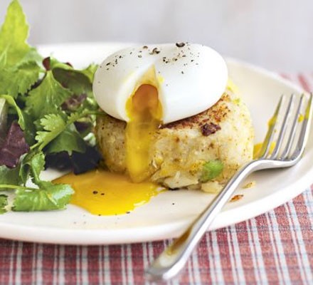 Spicy smoked fish cakes with herb salad & eggs recipe 