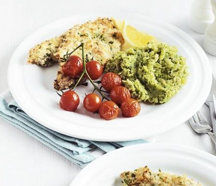 Lemony crumbed turkey with broccoli-bean smash recipe