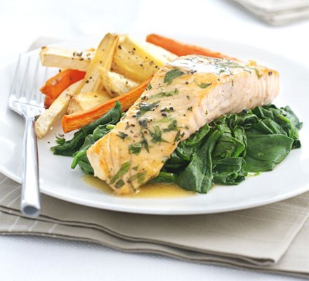 Tarragon salmon with crispy root chips recipe 
