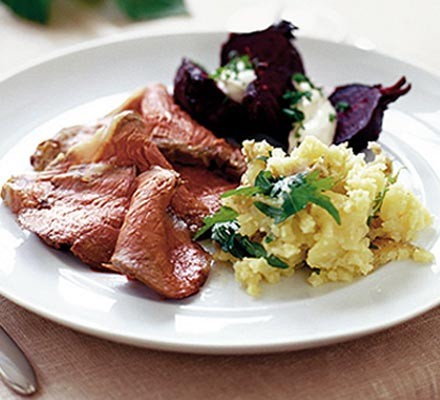 Salt crust sirloin with roasted beetroot & horseradish cream recipe 