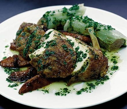 Fragrant crown roast of chicken with sausage 'rolls' & maple sweet potatoes recipe