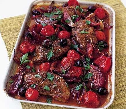 Lamb steaks with tomatoes & olives recipe