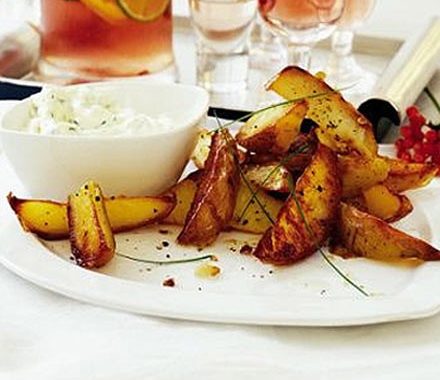 Crispy potato skins with creamy chive dip recipe