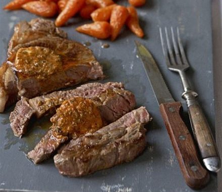 Sirloin with spiced butter, shallot salad, roasted carrots & mash recipe