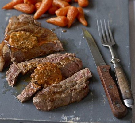 Sirloin with spiced butter, shallot salad, roasted carrots & mash recipe 