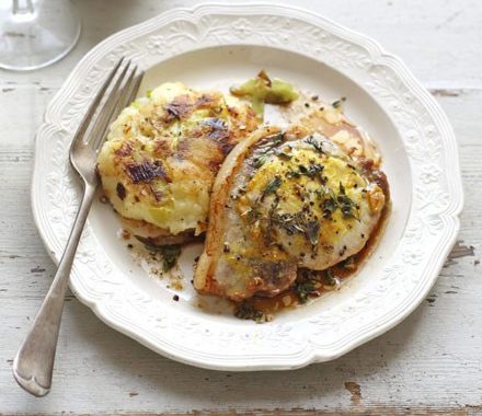 Pork chops with bubble 'n' leek cakes recipe