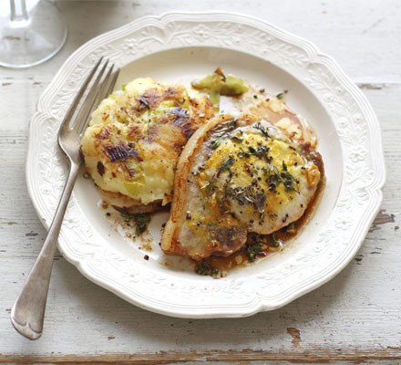 Pork chops with bubble 'n' leek cakes recipe 