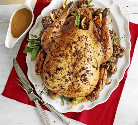 Roast turkey with pecan, sausage & chestnut stuffing & roast shallots recipe 