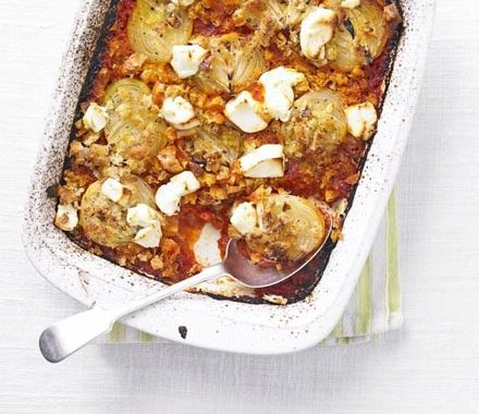 Tomato & onion bake with goat’s cheese recipe