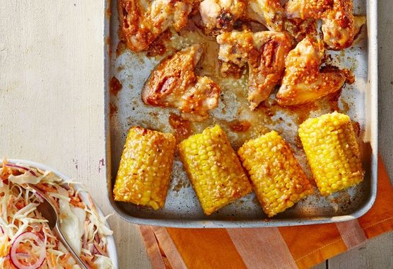 Sticky sesame chicken & corn with slaw recipe