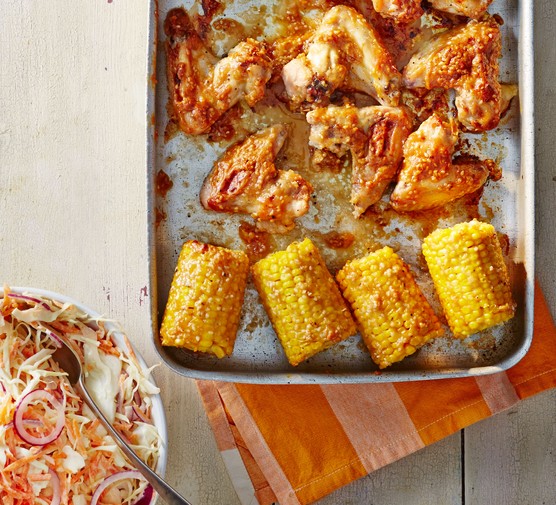 Sticky sesame chicken & corn with slaw recipe 