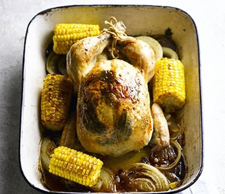 Golden roast chicken with sweetcorn, sage & garlic recipe