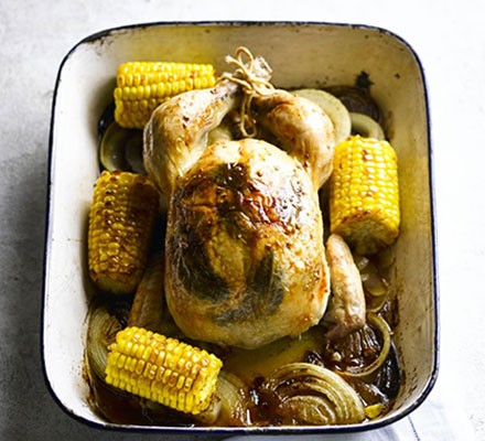 Golden roast chicken with sweetcorn, sage & garlic recipe 