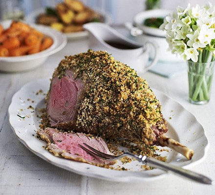 Herb-crusted leg of lamb with red wine gravy recipe 