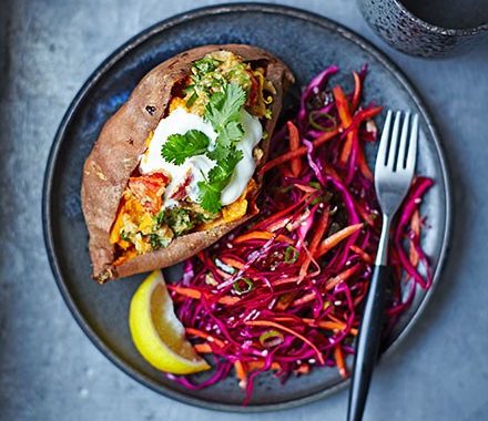 Baked sweet potatoes with lentils & red cabbage slaw recipe