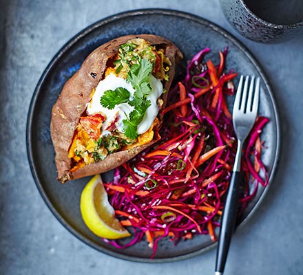Baked sweet potatoes with lentils & red cabbage slaw recipe 