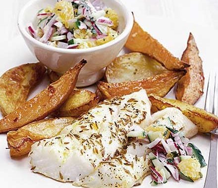 Roast fish & chips with orange raita recipe