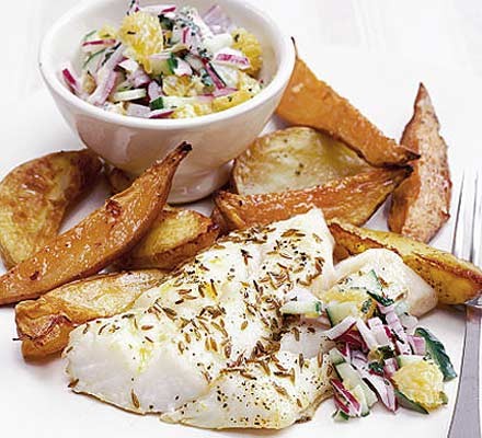 Roast fish & chips with orange raita recipe 