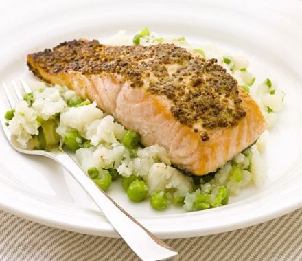 Mustard salmon with pea & celeriac mash recipe