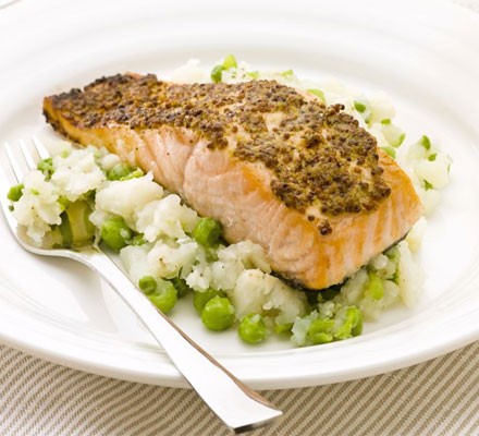 Mustard salmon with pea & celeriac mash recipe 