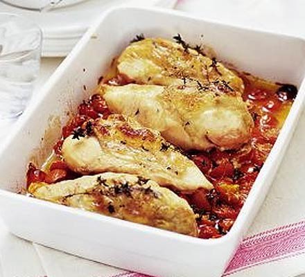 Chicken, goat's cheese & cherry tomato bake recipe 