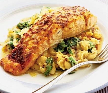 Sizzling salmon with bean mash recipe