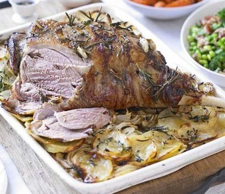 Garlic & herb roast lamb on boulangère potatoes recipe